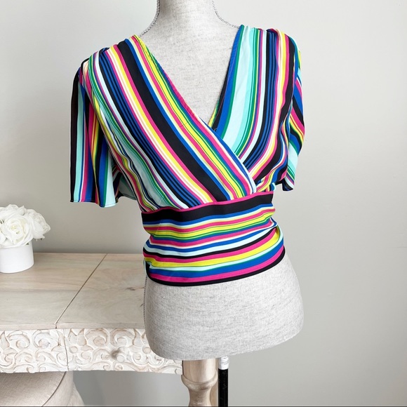 Soho NYCO Jeans Stripe Tie Faux Wrap Crop Top Blouse V Neck Small Colorf… - Picture 5 of 17